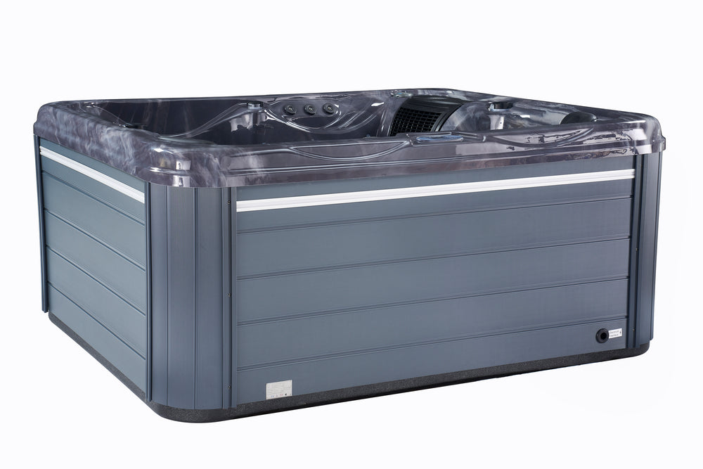 Side view of Luso Spas The Vepo Hot Tub exterior in grey with marble-effect interior and horizontal panel design on a white background.