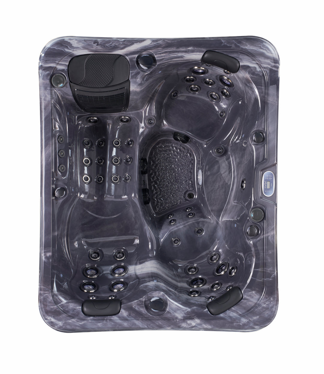 Top-down view of Luso Spas The Vepo Hot Tub in dark marble finish with hydrotherapy jets and built-in headrests on a white background.