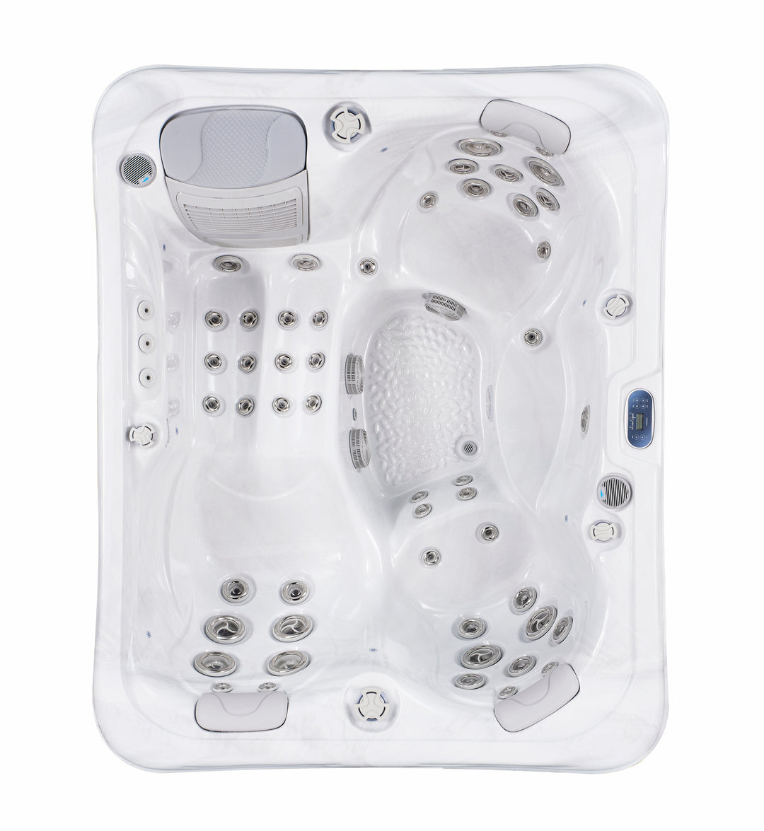Top-down view of Luso Spas The Vepo Hot Tub with white acrylic shell, multiple massage jets, and ergonomic seating on a white background.