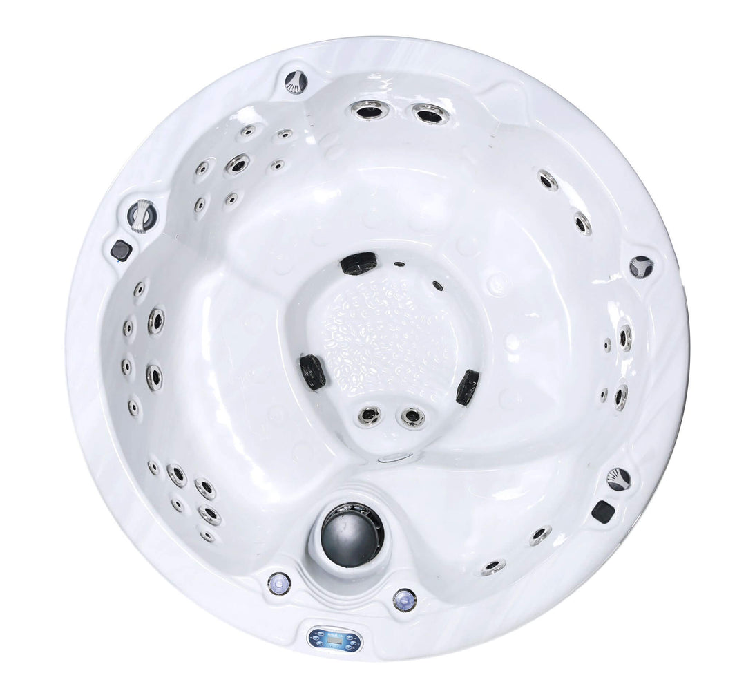 Top-down view of Luso Spas The Zodiac Plug & Play Hot Tub in white acrylic finish with multiple jets and ergonomic seating layout, on a white background.