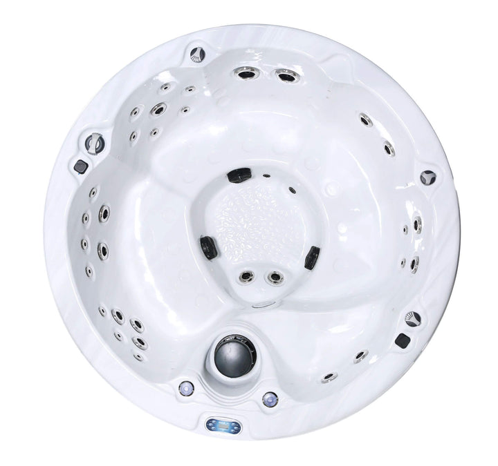 Top-down view of Luso Spas The Zodiac Plug & Play Hot Tub in white acrylic finish with multiple jets and ergonomic seating layout, on a white background.