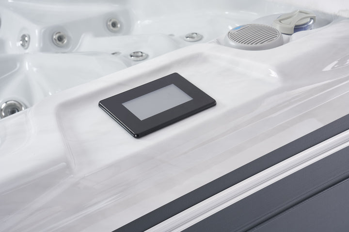 Close-up of the control panel and speaker system of Luso Spas The Hydra Hot Tub on a white background.