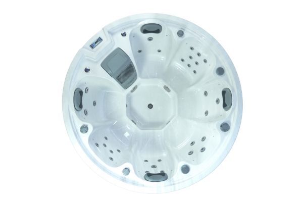 Top-down view of Luso Spas The Orb Hot Tub in white acrylic finish showcasing seating layout for multiple users and full jet system, on a white background.