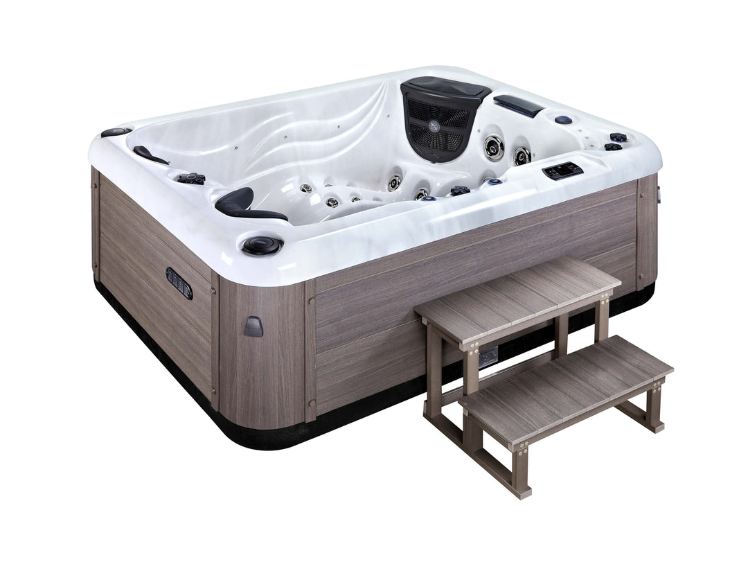 Side view of Luso Spas Luso X300 Hot Tub in white acrylic with grey wood-effect panels and matching entry steps, on a white background.
