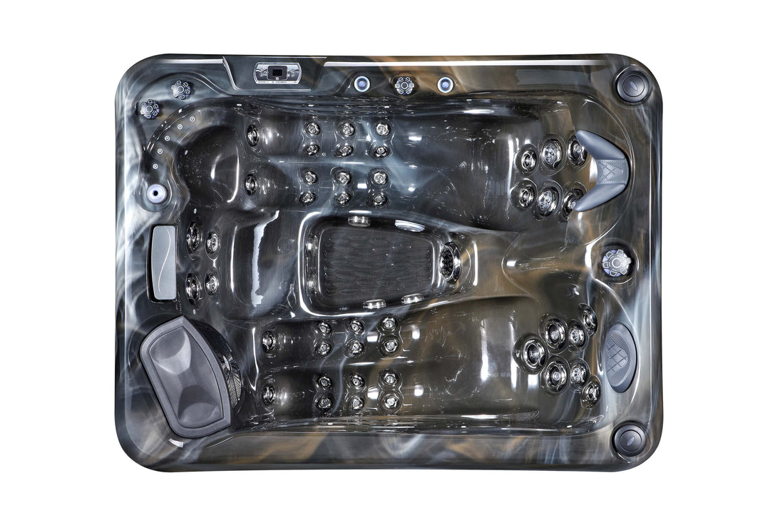 Top-down view of Luso Spas Luso X300 Hot Tub in black marble finish showing ergonomic seating and full jet configuration, on a white background.