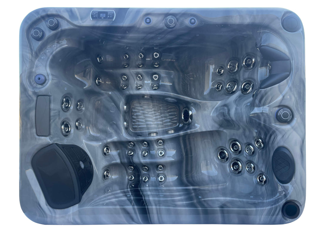 Overhead view of Luso Spas Luso X300 Hot Tub in dark marble acrylic finish with contoured seats and massage jet arrangement.