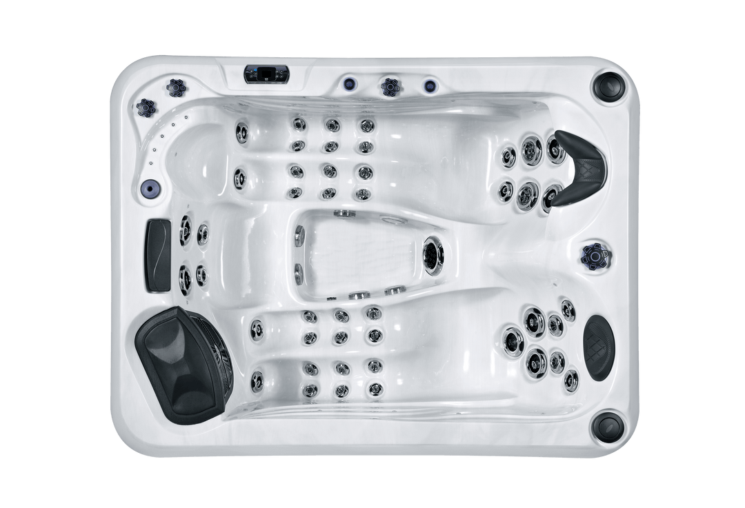 Top-down view of Luso Spas Luso X300 Hot Tub in white acrylic finish with ergonomic design and hydrotherapy jet system, on a transparent background.