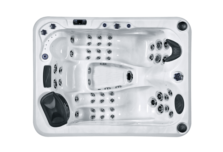 Top-down view of Luso Spas Luso X300 Hot Tub in white acrylic finish with ergonomic design and hydrotherapy jet system, on a transparent background.