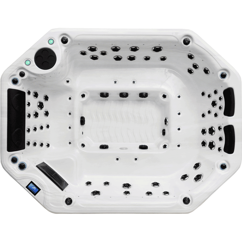 Top-down view of the Luso Spas The Party Pool 2 hot tub in white with multiple jets and control panel, on a transparent background.