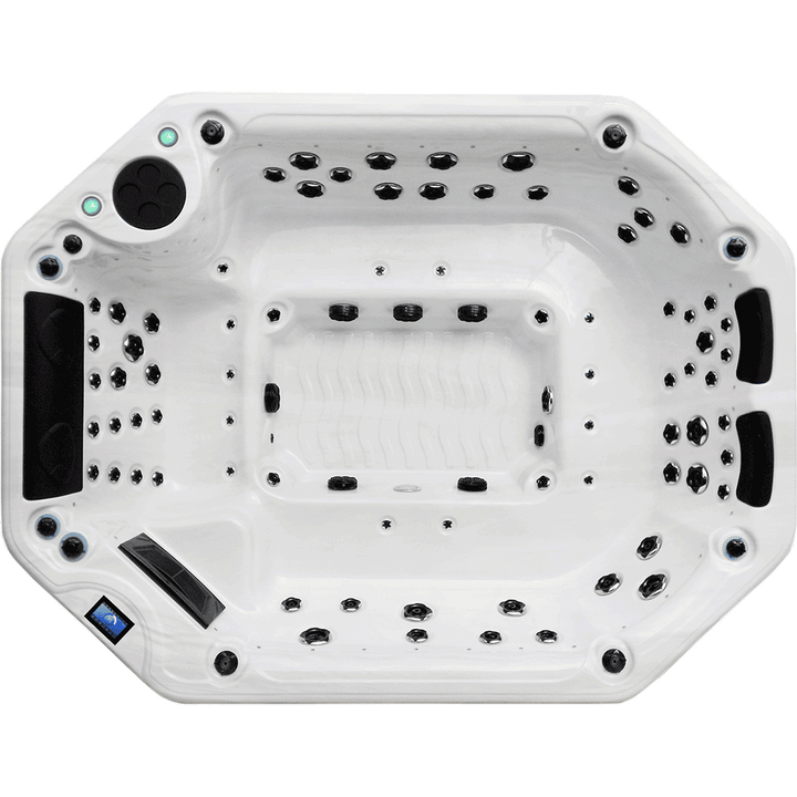 Top-down view of the Luso Spas The Party Pool 2 hot tub in white with multiple jets and control panel, on a transparent background.