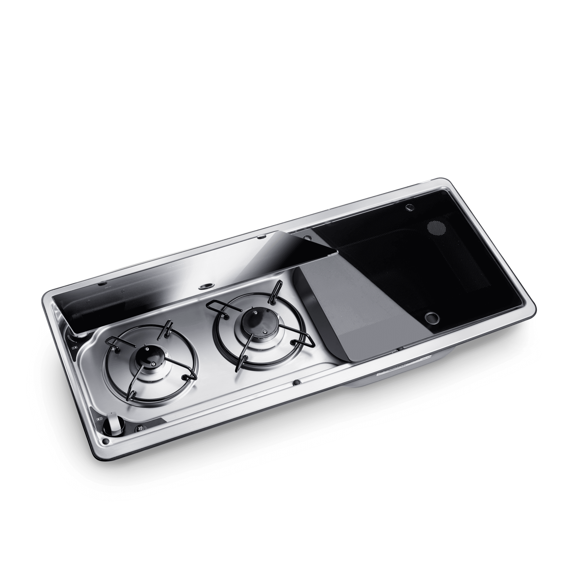 Open view of the Dometic MO 9722R 2-Burner Hob & Sink Combination showing the two gas burners, stainless steel sink, and raised glass lids, on a transparent background.