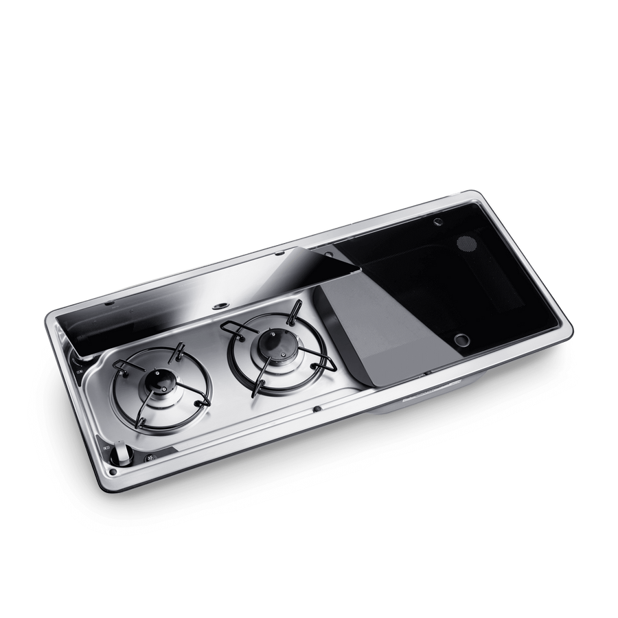 Open view of the Dometic MO 9722R 2-Burner Hob & Sink Combination showing the two gas burners, stainless steel sink, and raised glass lids, on a transparent background.