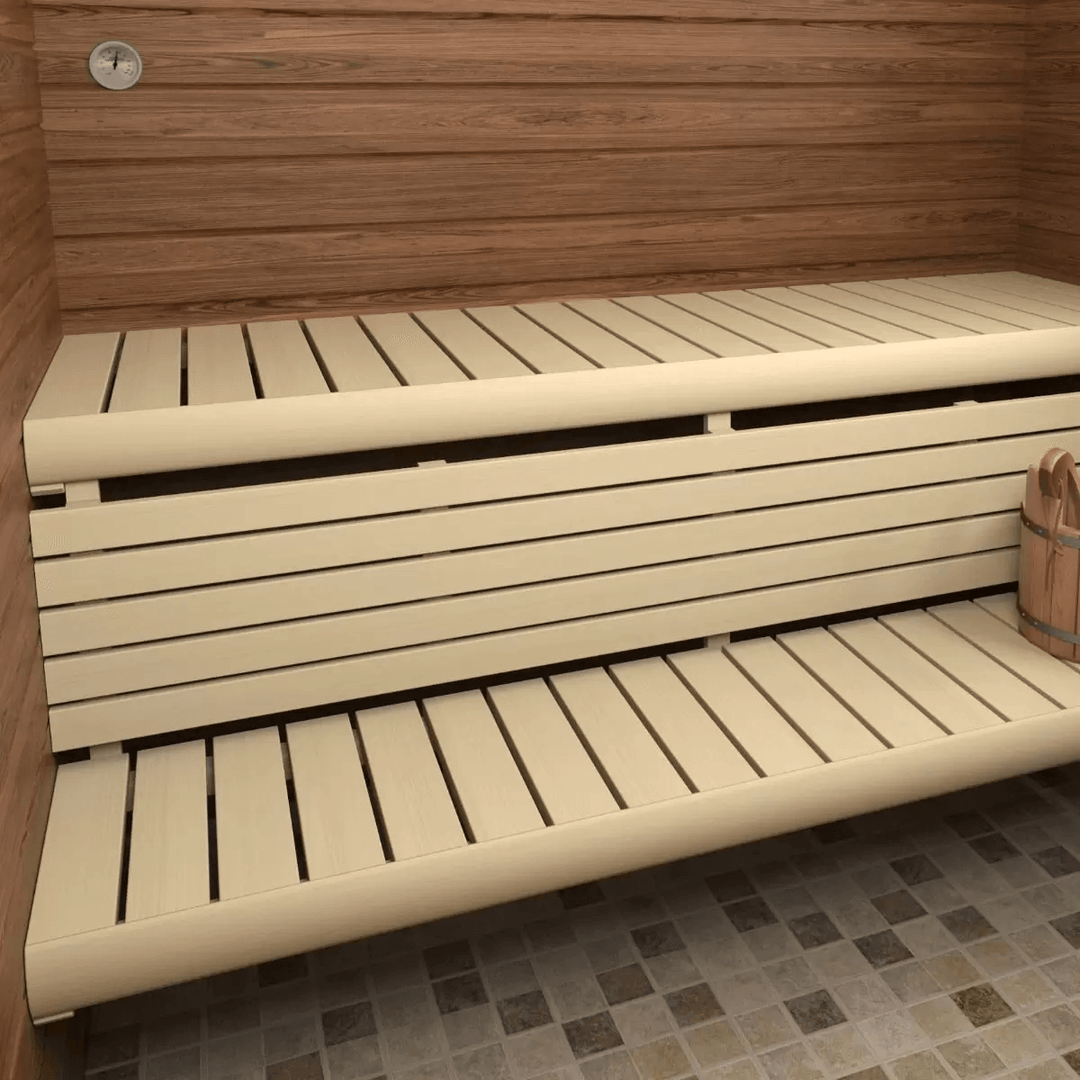 Interior bench of the InMedias Magnus Log Sauna on a tiled floor.
