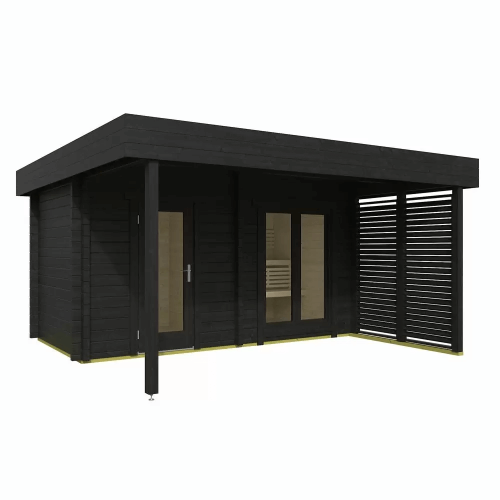 InMedias Magnus Log Sauna in black finish on a white background.