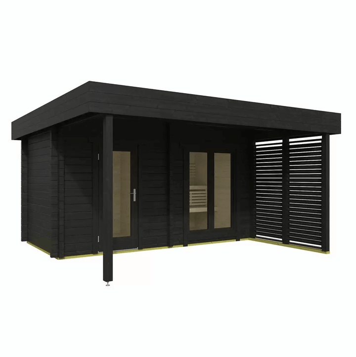 InMedias Magnus Log Sauna in black finish on a white background.