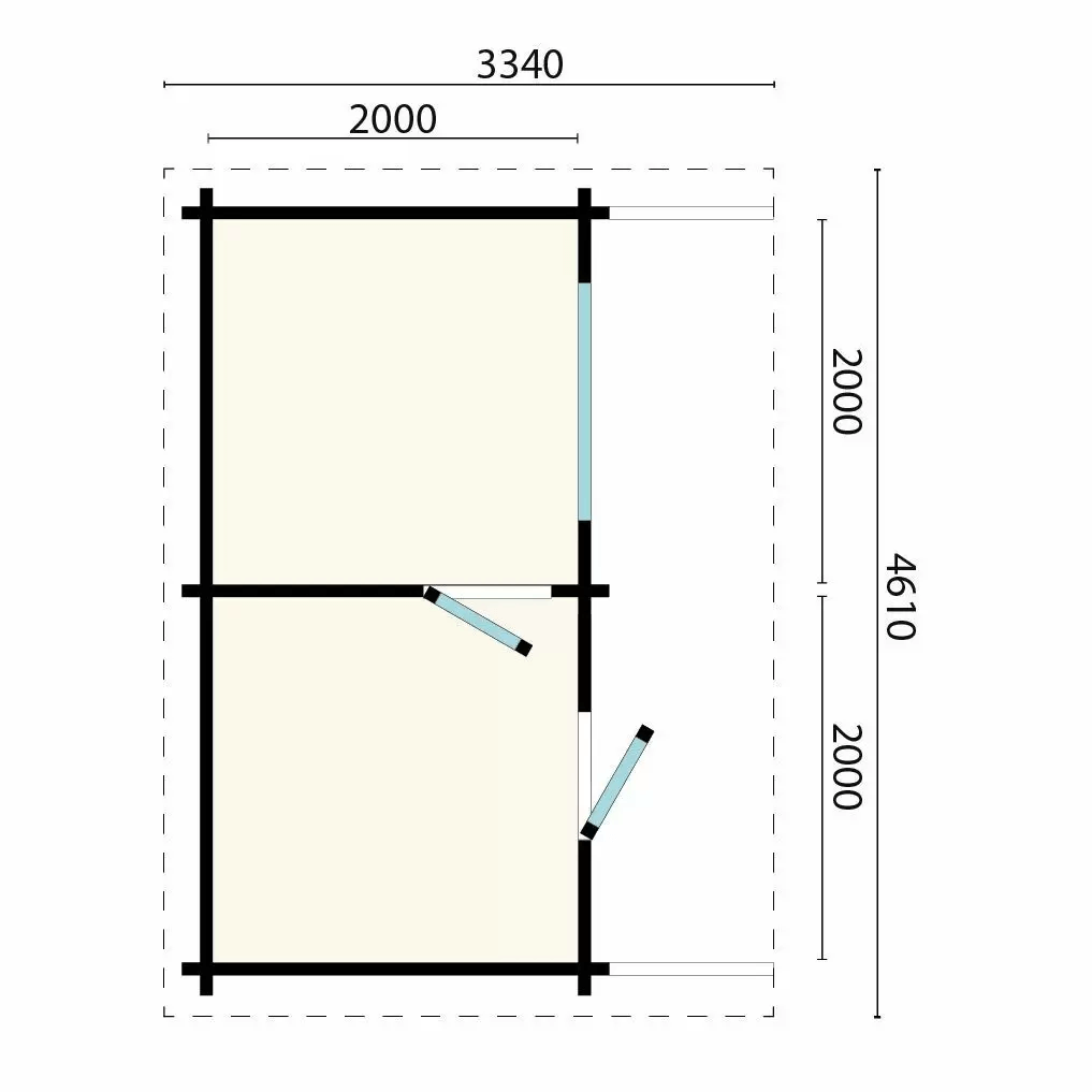InMedias Magnus Log Sauna layout diagram showing dimensions on a white background.