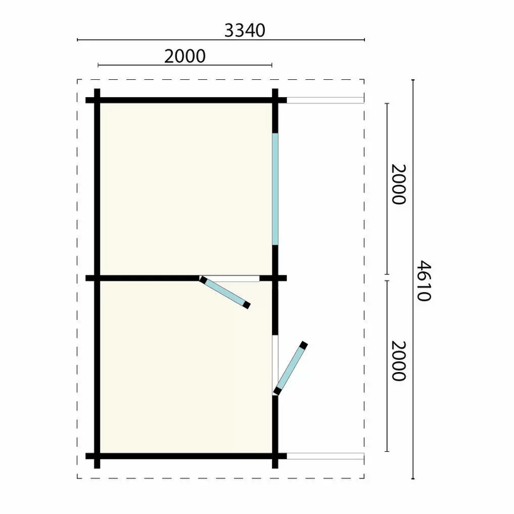 InMedias Magnus Log Sauna layout diagram showing dimensions on a white background.