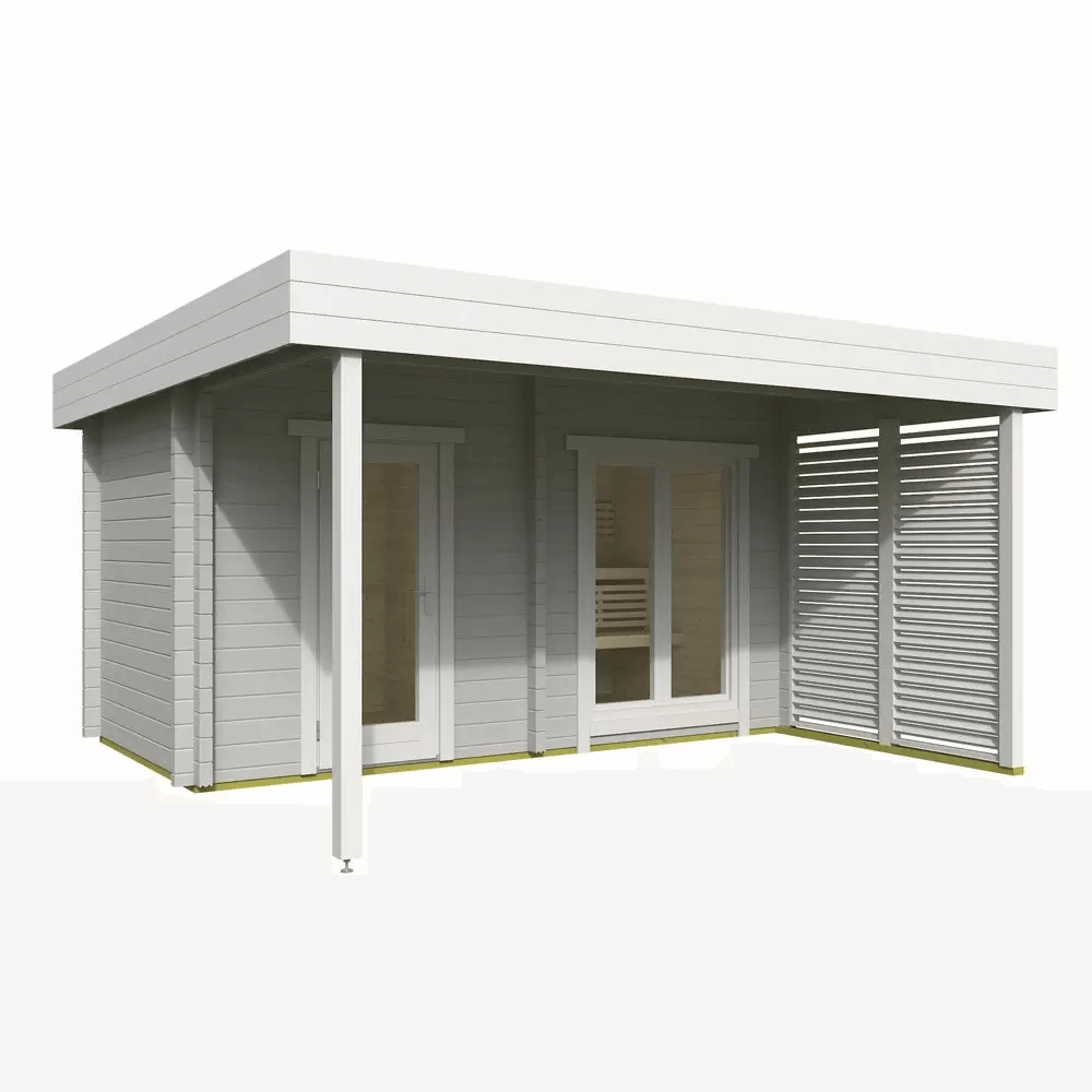 InMedias Magnus Log Sauna in white finish on a white background.