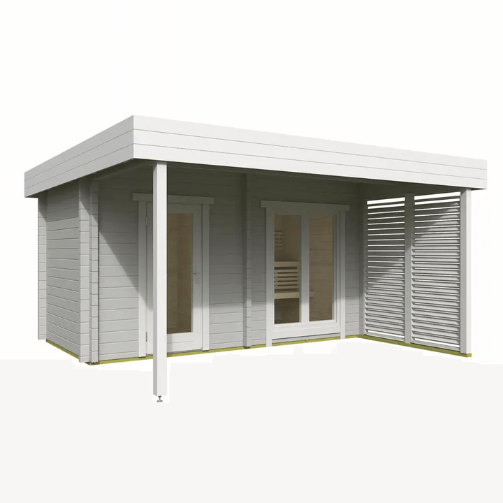 InMedias Magnus Log Sauna in white finish on a white background.
