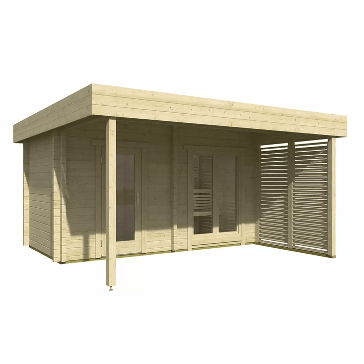 InMedias Magnus Log Sauna in natural wood finish on a white background.