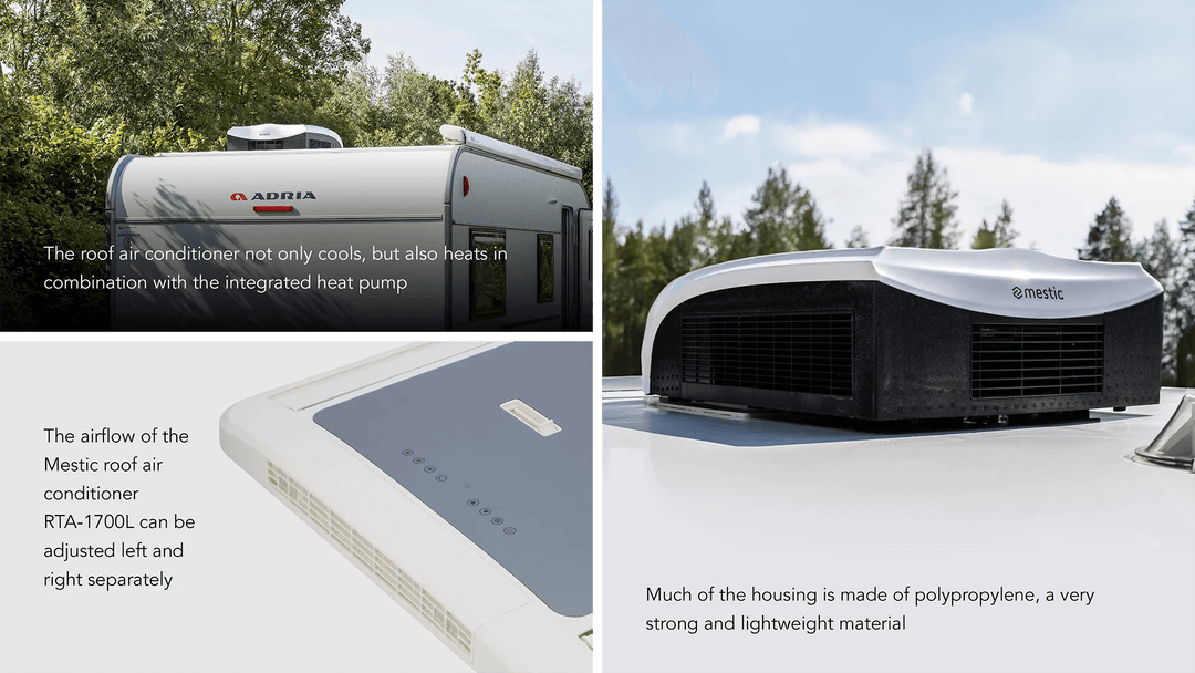 Mestic RTA-1700L Rooftop Air Conditioner installed on a caravan roof with trees in the background.