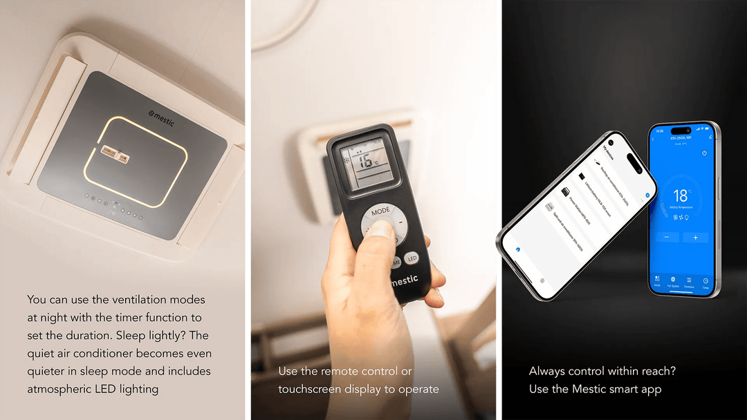 Mestic RTA-1700L Rooftop Air Conditioner indoor controls, remote, and app interface on a beige and black background.