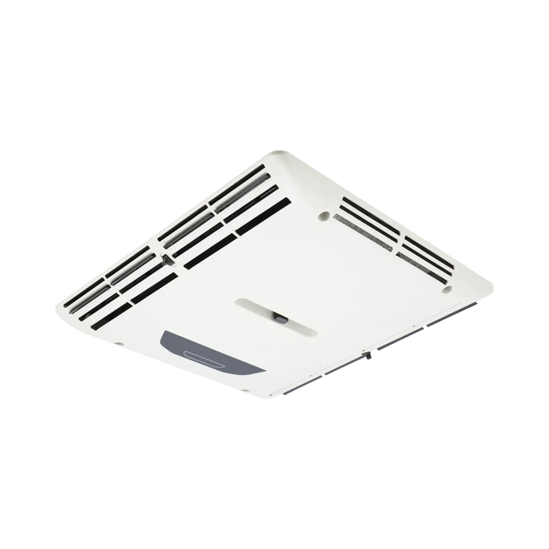 Mestic RTA-2000 12V interior air distribution unit with slim ventilation grilles and integrated control panel on a white background.