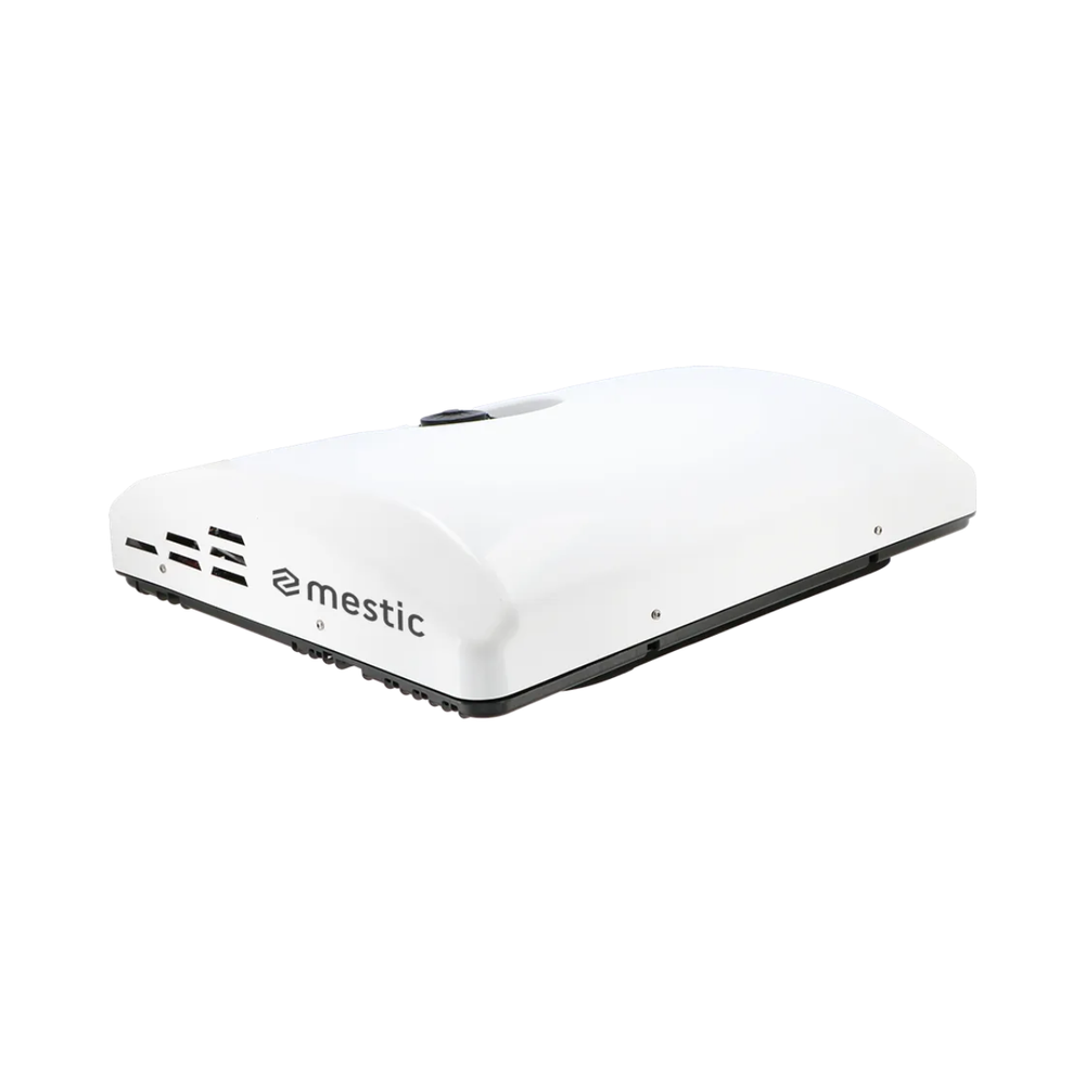 Mestic RTA-2000 12V rooftop air conditioner with smooth white low-profile housing and concealed top fan on a white background.