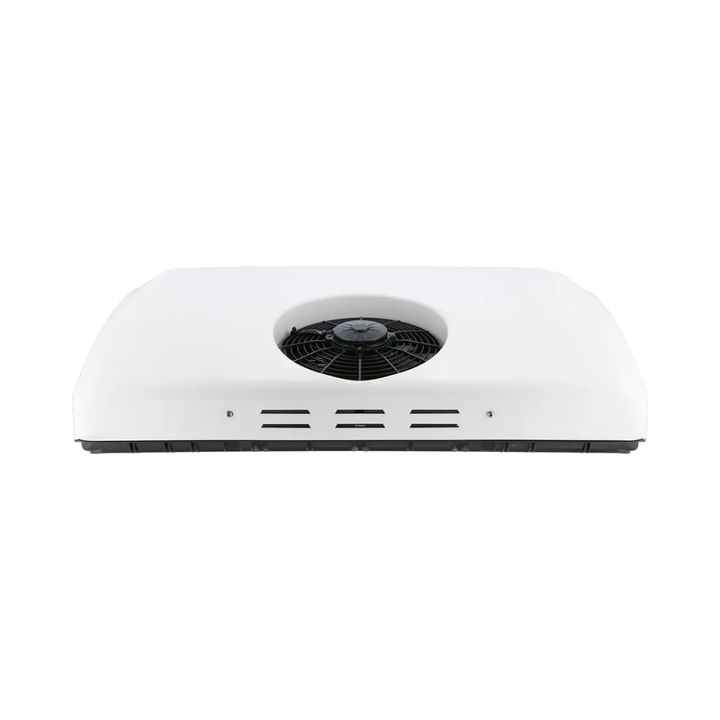 Front view of the Mestic RTA-2000 12V rooftop air conditioner featuring a central cooling fan and front ventilation slots on a white background.