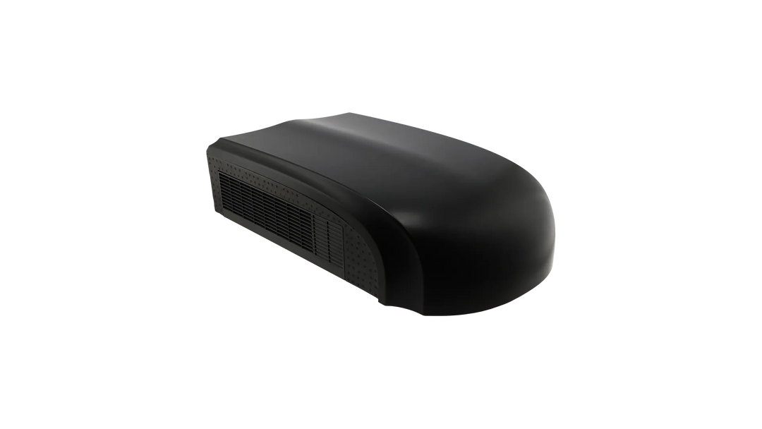 Black Mestic RTA-2500L rooftop air conditioner angled side view on a transparent background.