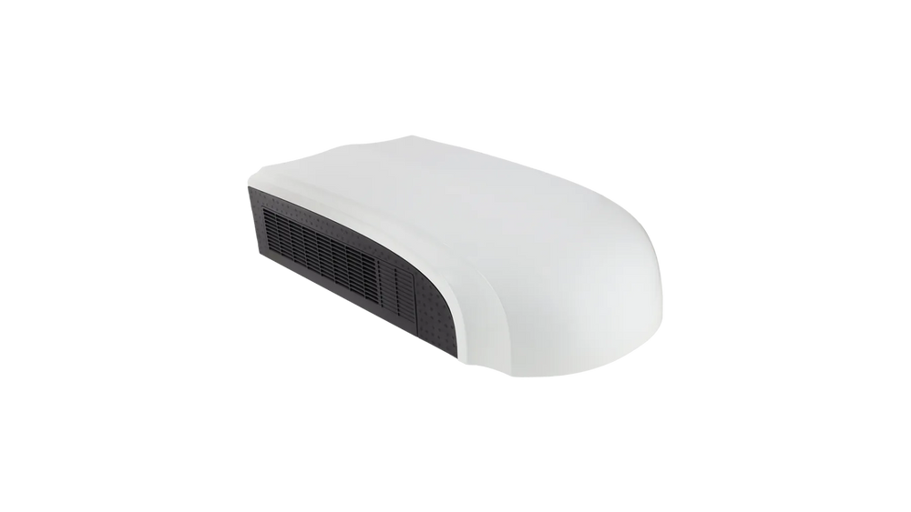 White Mestic RTA-2500L rooftop air conditioner angled side view on a transparent background.