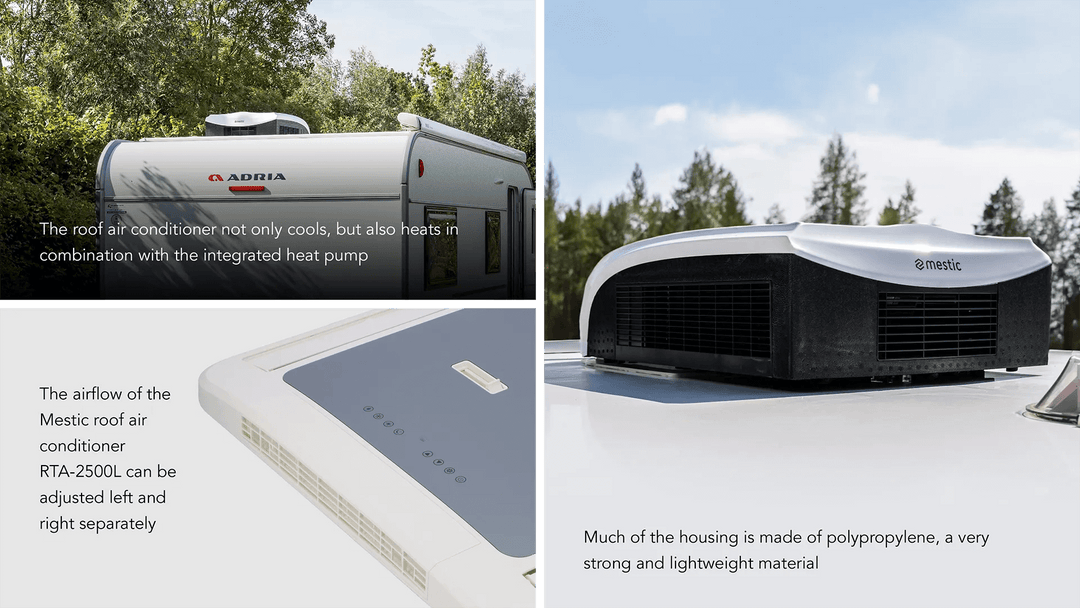 Mestic rooftop air conditioner shown across multiple comparison panels with text on a mixed photographic background.