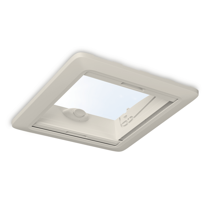 Dometic Mini Heki FL Campervan Skylight roof vent with clear dome lid partially open showing the hinge mechanism on a transparent background.