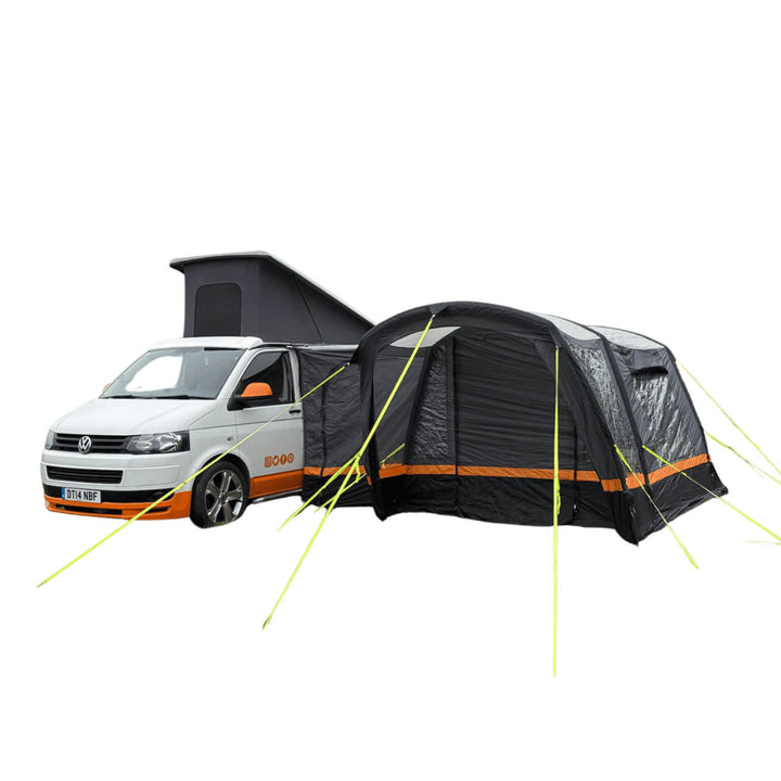 OLPRO Hanley Breeze driveaway awning with campervan on a white background.