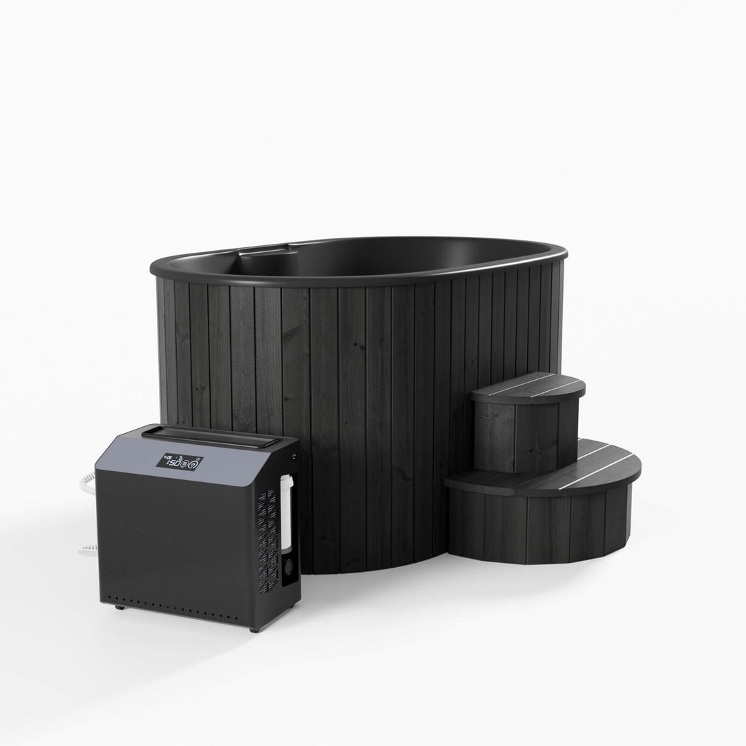 InMedias Ofuro Cold Tub with black interior, dark wood exterior, and connected chiller unit on a white background.