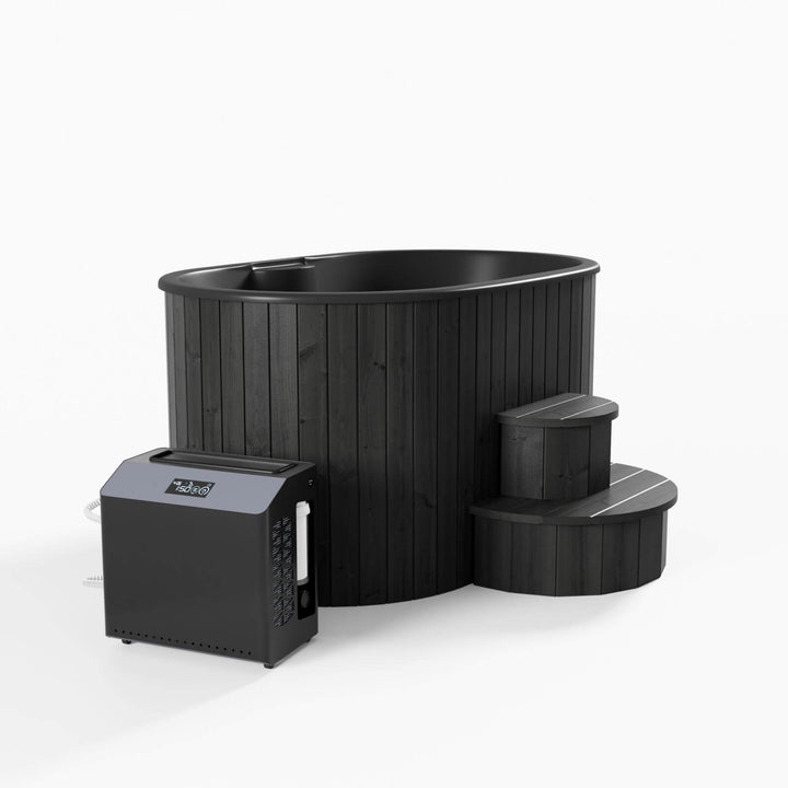 InMedias Ofuro Cold Tub with black interior, dark wood exterior, and connected chiller unit on a white background.
