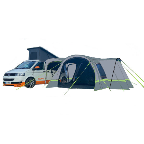 Olpro Cocoon Breeze Air Awning in grey and lime on a white background