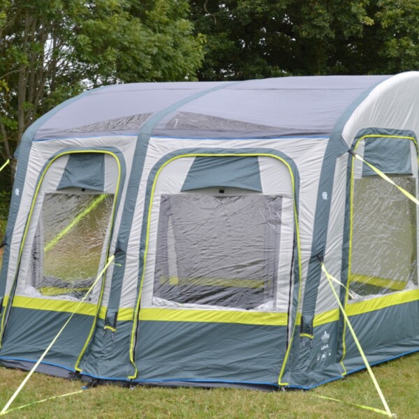 Olpro Lunar XL Motorhome Awning shown from the front right in a field