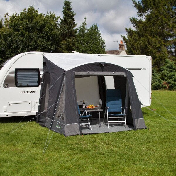 Outdoor Revolution Porch Pro 260 Air Awning with an open front and chairs inside