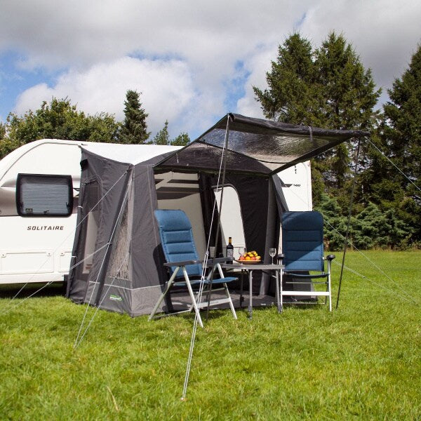 Outdoor Revolution Porch Pro 260 Caravan Awning with a canopy shown from a low angle