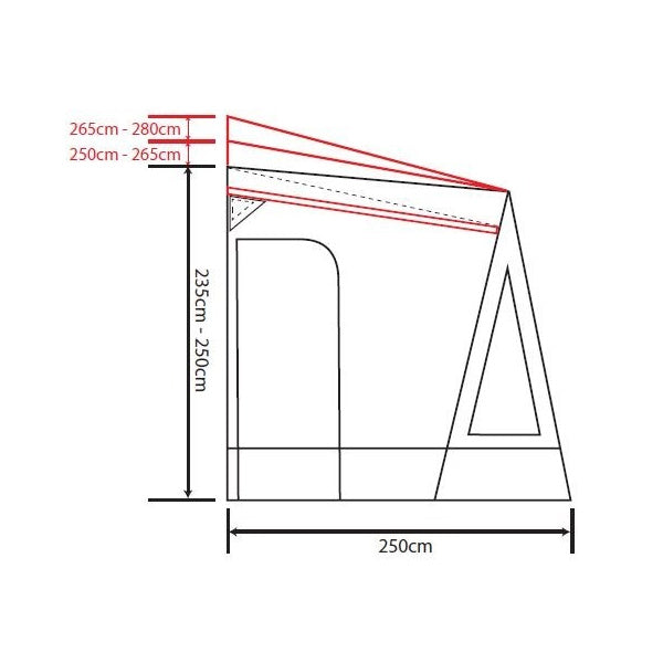 Dimensions diagram of an Outdoor Revolution Porch Pro 260 Caravan Awning