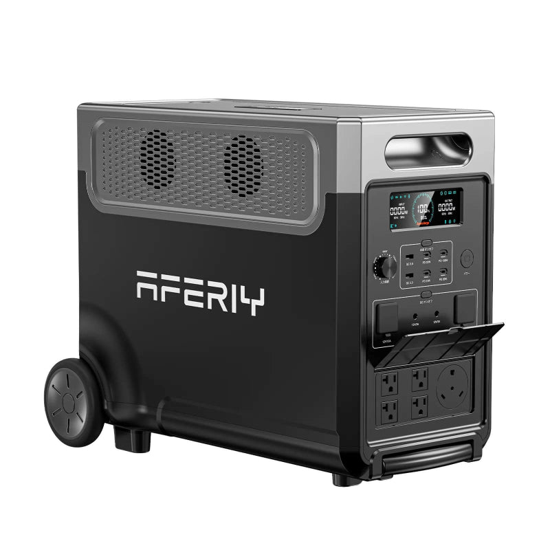 Close-up of Aferiy P310 portable power station, showing power outlets and control panel, wheels visible, on a white background.