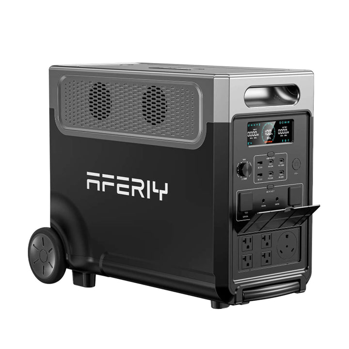 Close-up of Aferiy P310 portable power station, showing power outlets and control panel, wheels visible, on a white background.