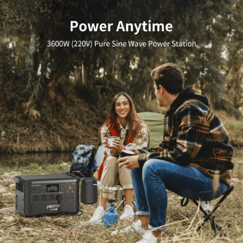 PECRON portable power station powering camping equipment beside two campers in a forest campsite.