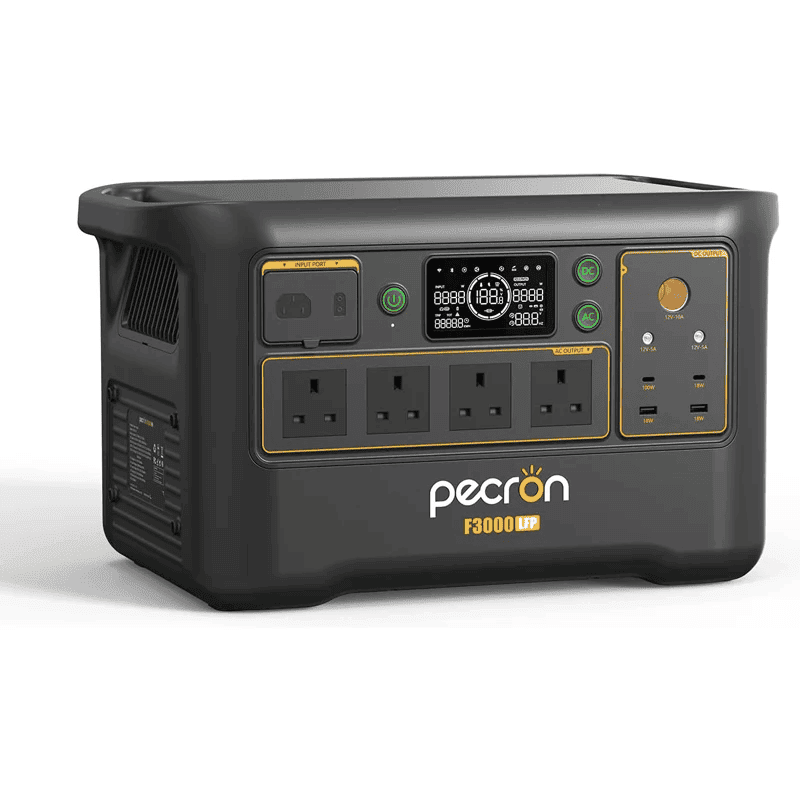 PECRON F3000LFP portable power station unit showing front display and multiple output ports on a white background.