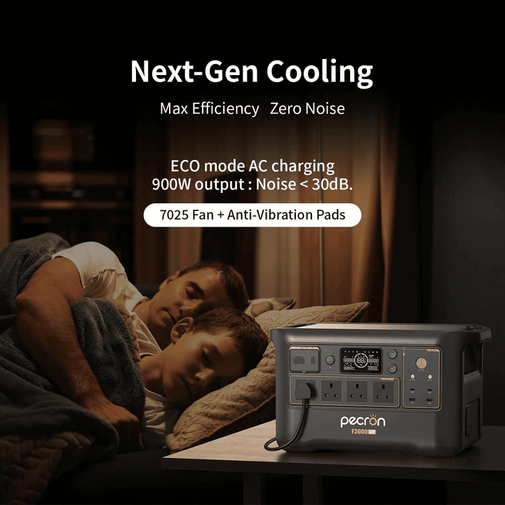 PECRON portable power station operating quietly on a bedside table next to a sleeping father and child on a dark bedroom.