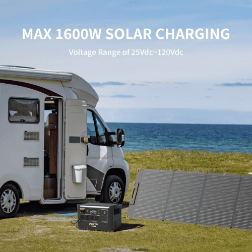 PECRON portable power station connected to foldable solar panels beside a campervan near the ocean on a coastal.