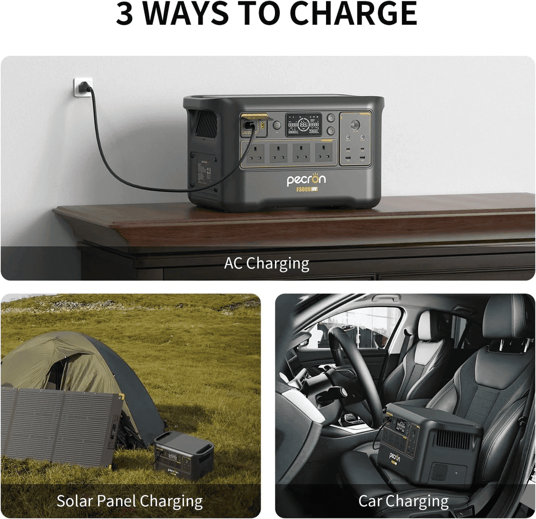 PECRON portable power station plugged into a wall outlet demonstrating AC charging.