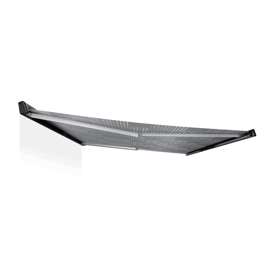 Dometic Perfect Wall PW1100 awning fully extended underside view with support arms and LED strip on a transparent background.