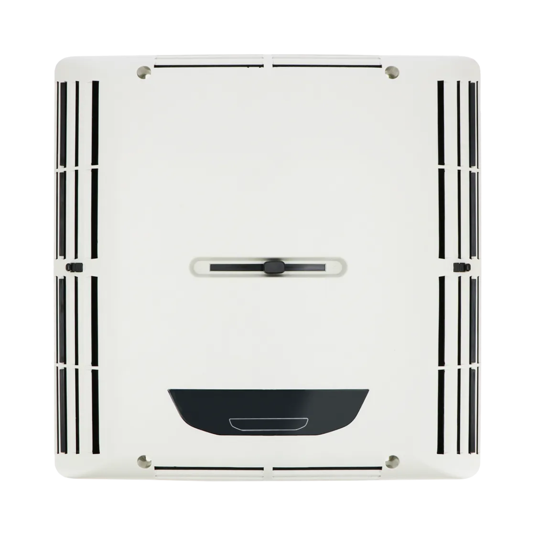 Top view of the Mestic RTA-2000 12V interior air distribution unit with perimeter air vents and central airflow control slider on a white background.